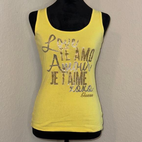 GUESS Y2K Yellow Tank Top Love Amour Graphic Women's Size Small 2000s Top - Picture 1 of 7